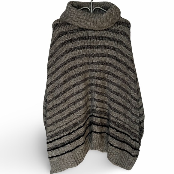 DKNY Pure, wool-alpaca blend knit gray black striped poncho, OS - Picture 1 of 5